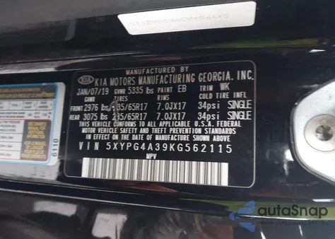 2019 Kia Sorento 2.4L Lx из США, поврежденный, VIN 5XYPG4A39KG562115